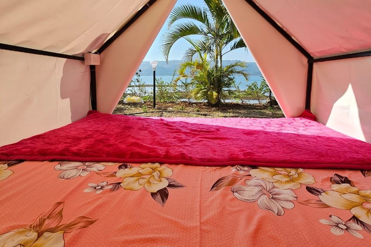 Inside a triangle tent